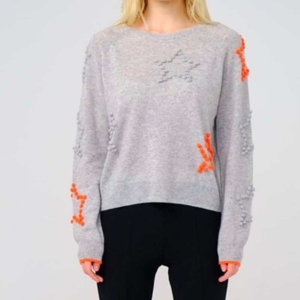 BRODIE Pure Cashmere Starlight Pom Pom Sweater Grey Orange XS